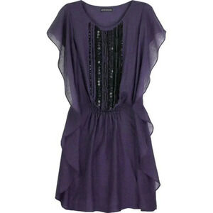 Antik Batik Embellished Draped Ruffle Wool Boho Mini Dress Purple Size Small.